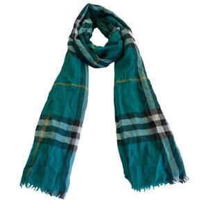 12-72(1) BURBERRY Giant Scarf Shawl Plaid Green Wool Silk 84"Lx28"W